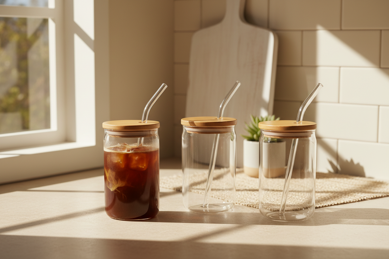 Clear glass cups with bamboo lids and glass straws on neutral kitchen counter