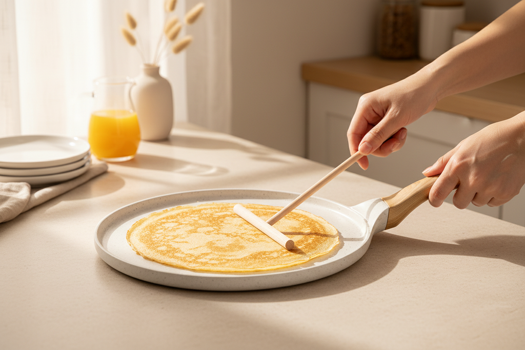 Matte white ceramic crepe pan with wood handle on neutral kitchen counter