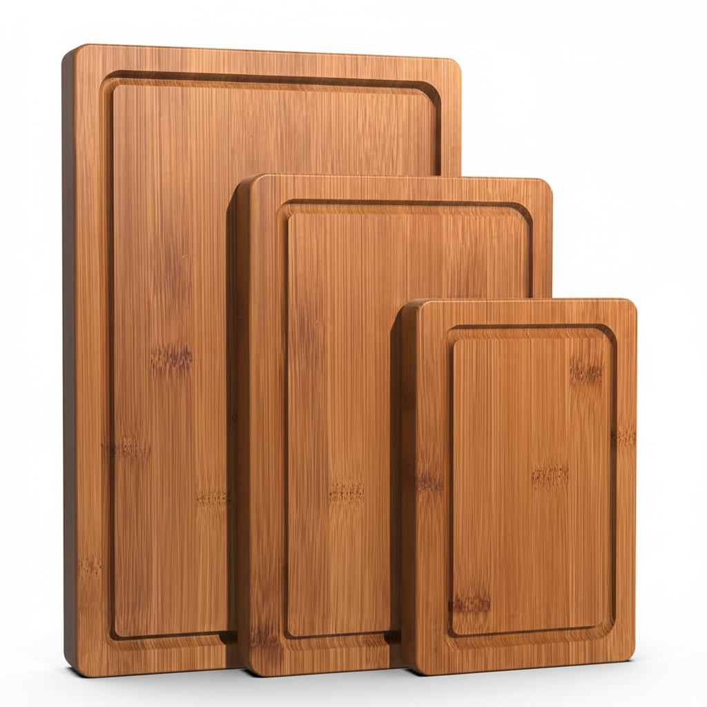 Zeawec 3-piece bamboo cutting board set with visible juice grooves, staggered by size on a clean light background