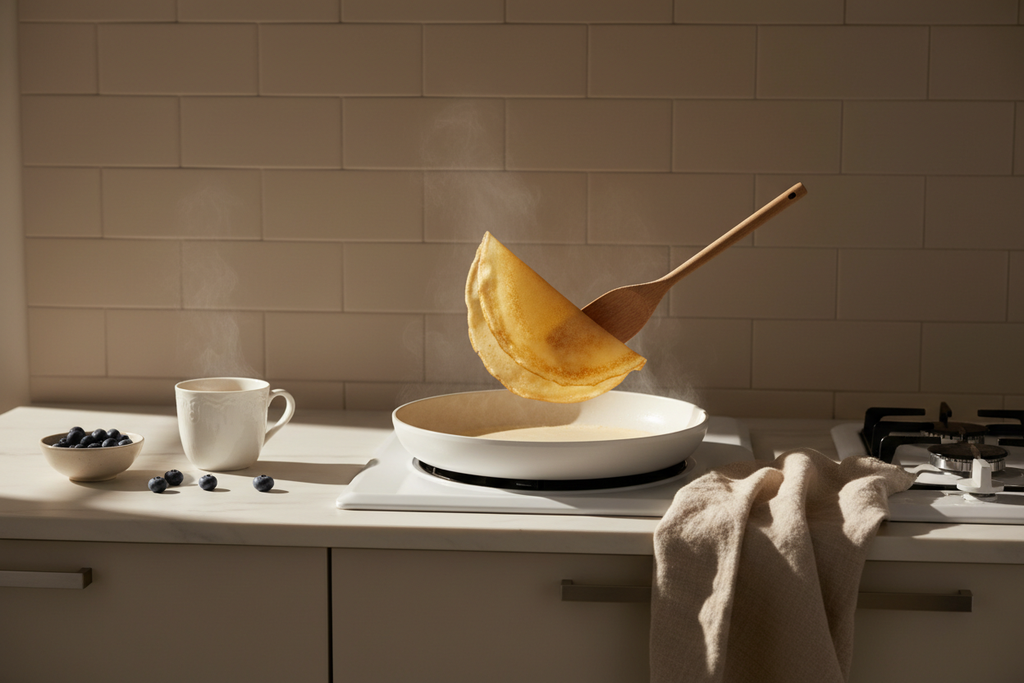 White ceramic crepe pan on stove with golden crepe being flipped