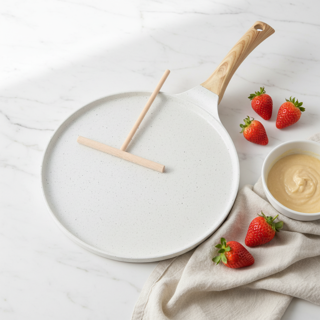 Matte white ceramic crepe pan with wood handle and spreader on marble surface