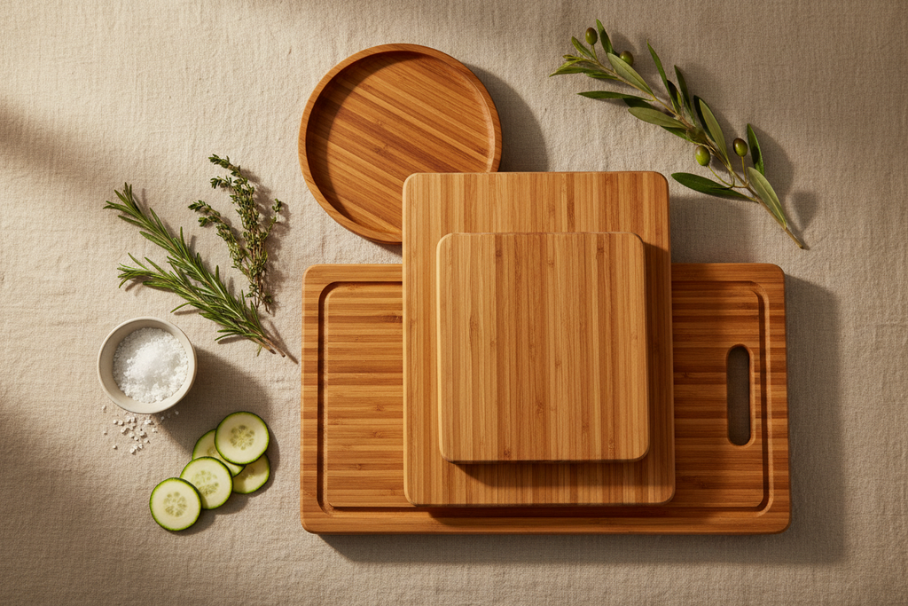 Zeawec 3-piece bamboo cutting board set styled on a neutral linen surface with fresh herbs and vegetables