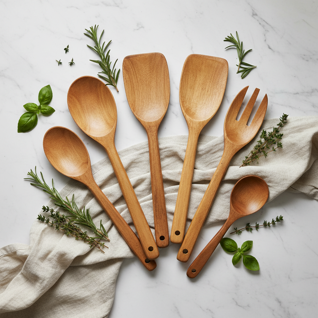 Zulay teak wooden utensil set flat lay on marble with herbs
