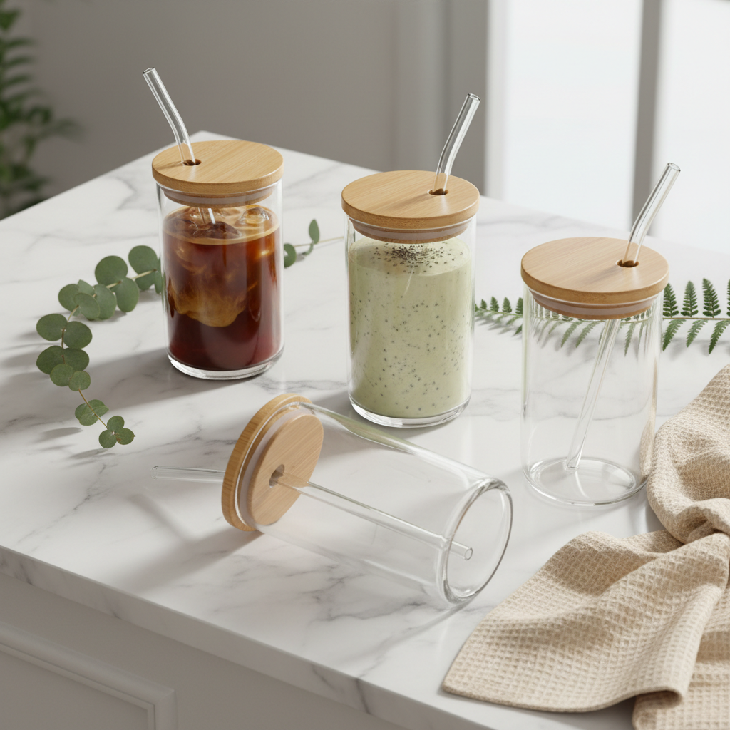 Set of 4 clear glass cups with bamboo lids and glass straws on marble surface