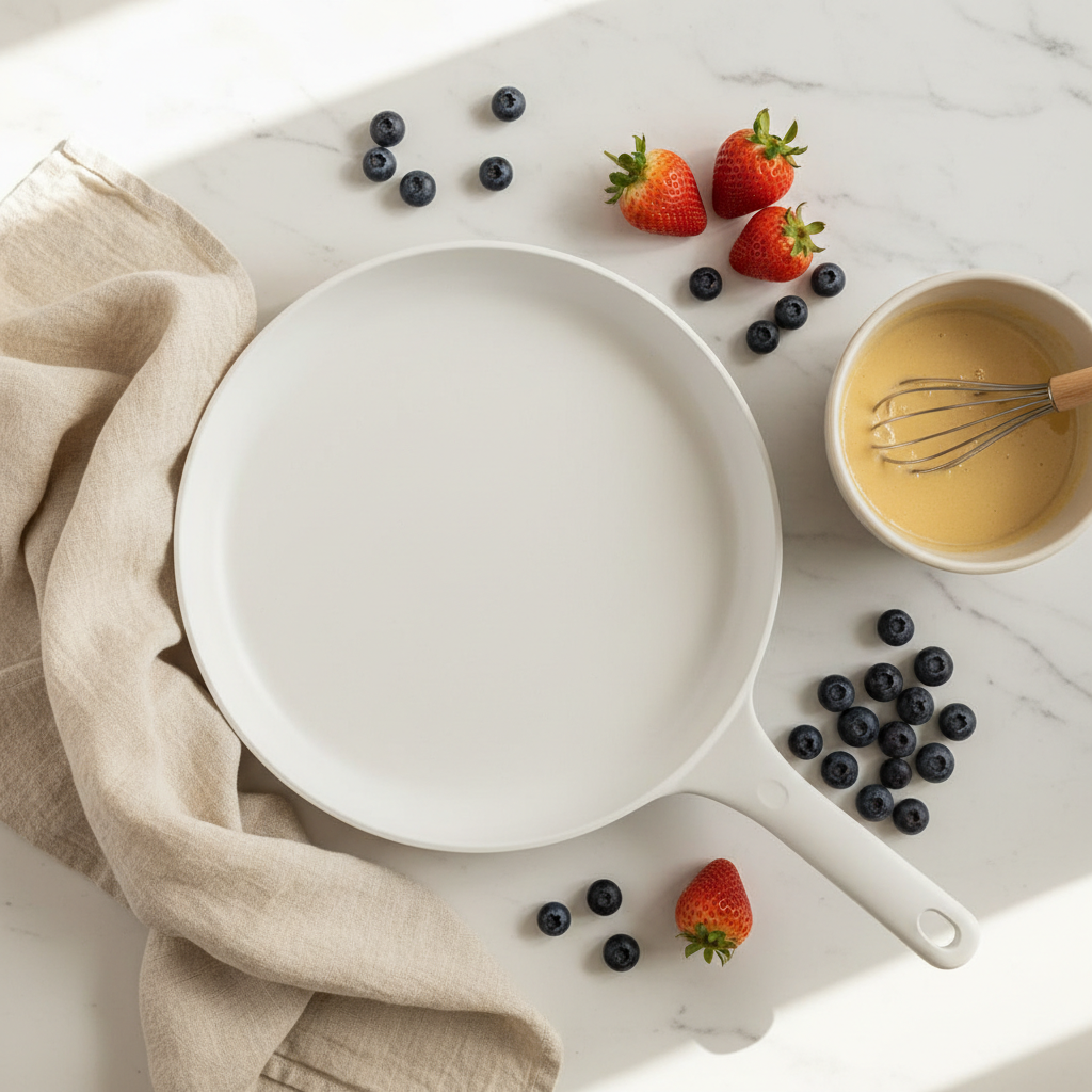 White ceramic crepe pan flat lay on marble with fresh berries and batter