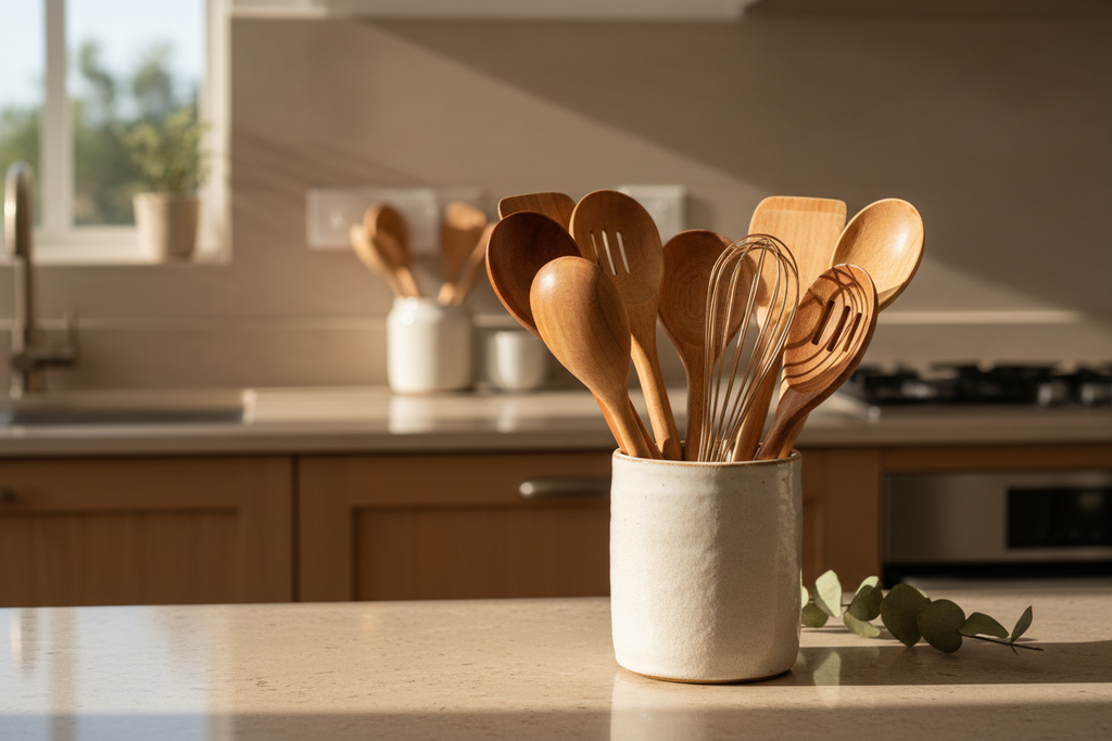 Zulay teak wooden utensils in ceramic crock on neutral kitchen counter